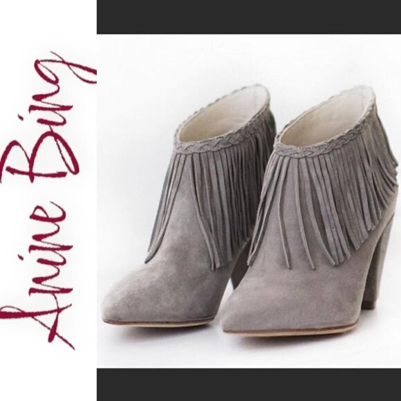 ANINE BING Irmelin Gray Suede Fringe Ankle Bootie‎ Size 37